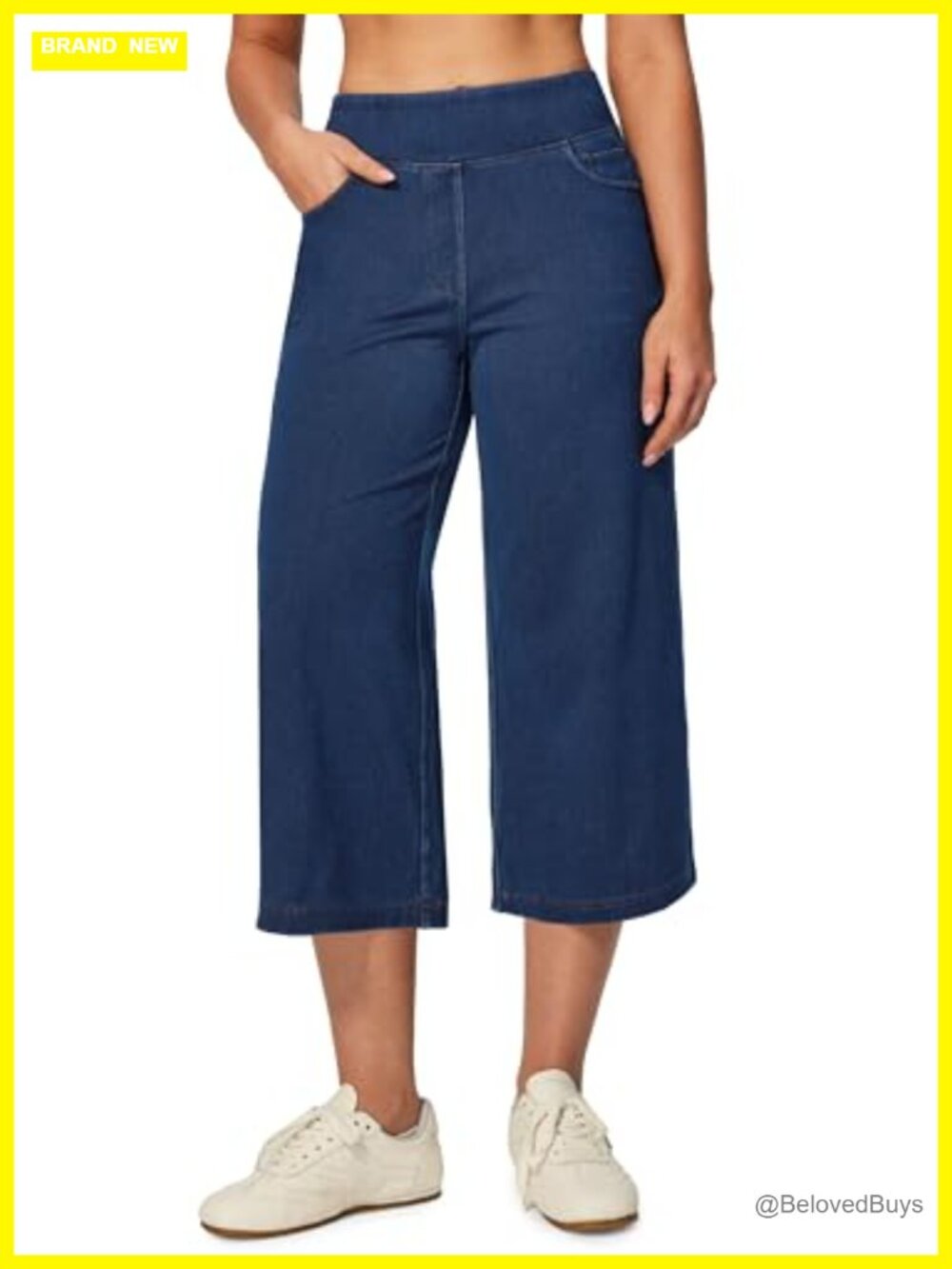 Stretchy High Waisted Pull On Wide Leg Capri Jeans